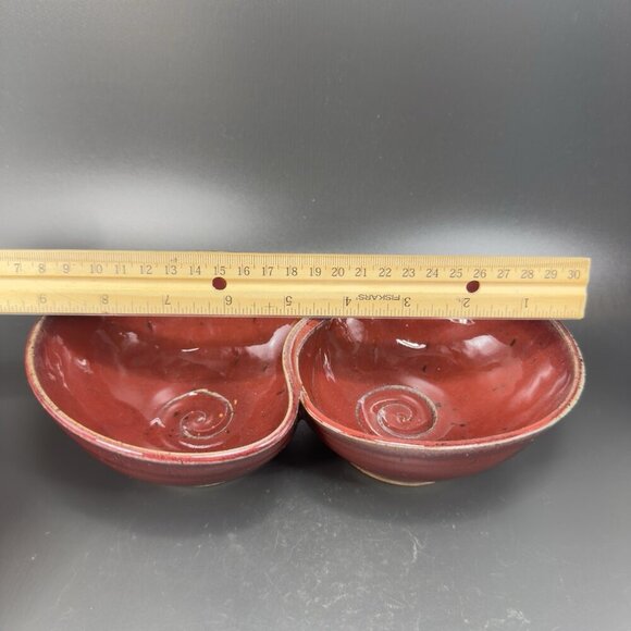 Vintage Hand Made Studio Art Pottery Divided Dish Double Salsa Bowl Chip N Dip - Picture 4 of 16